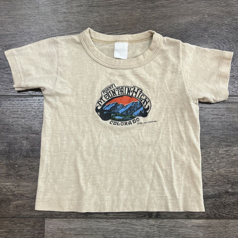 Vintage 80s Rocky Mountain High Colorado T-Shirt Tan Single Stitch USA - Kids 4T